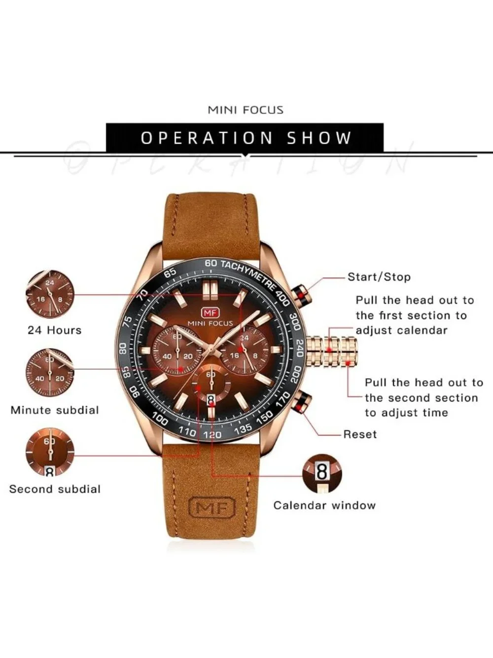 Men's Brown Golden Leather Band Multifunction Waterproof Luminous Wrist Watch